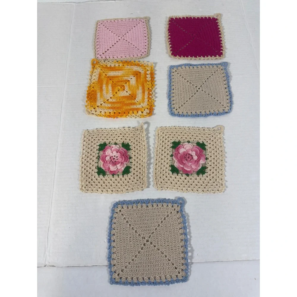 Handmade Vintage Crochet Pot Holders Set 7 Multicolor Floral Granny Square